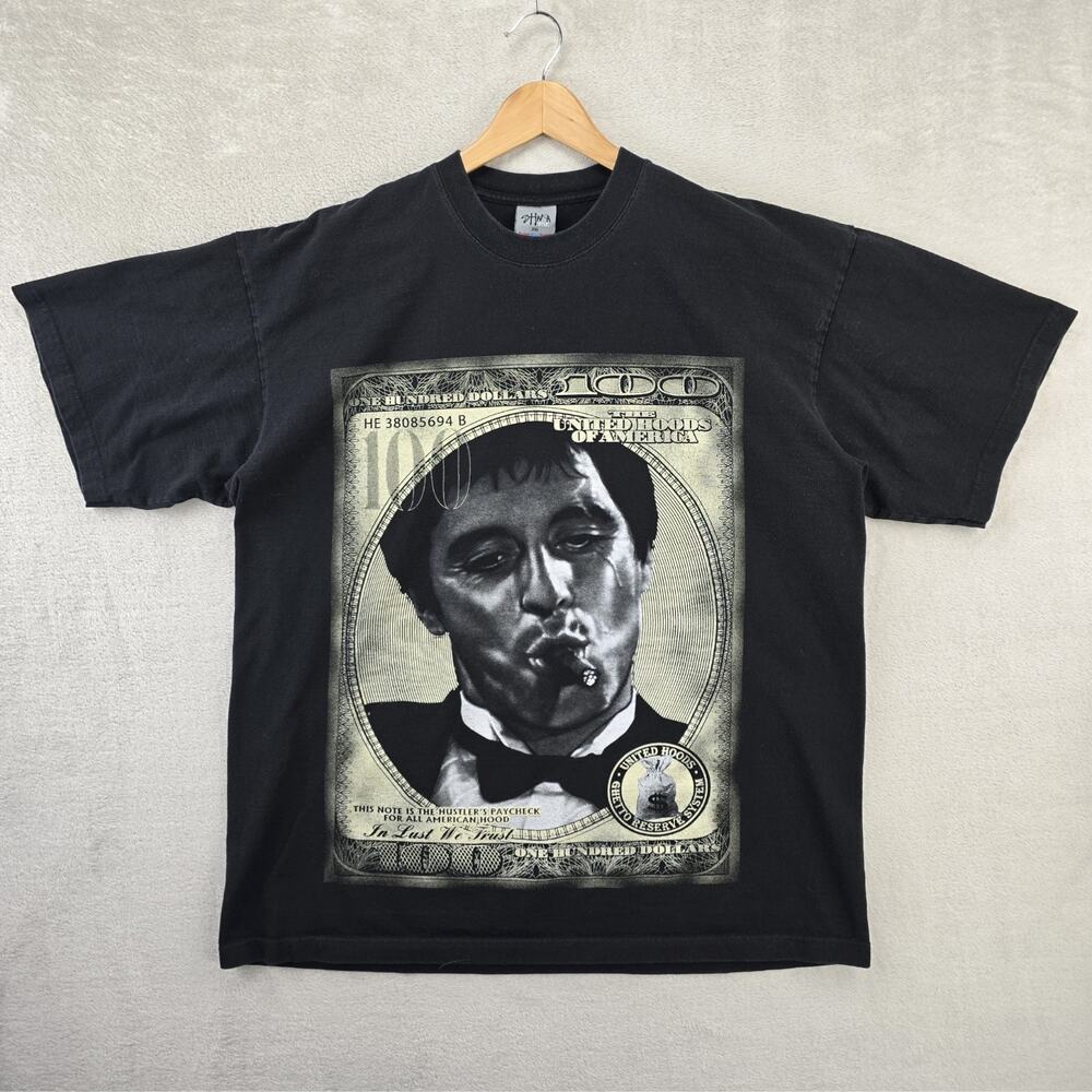 Vintage Scarface Hundred Dollar Bill Shirt 2XL Black Ghetto Rules Movie Tee Y2K